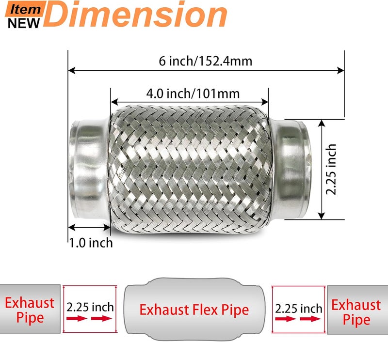 Simnliras 2.25 inch Exhaust Flex Pipe, 2.25" x 3.3"w, Stainless Steel Heavy Duty Double Braid Exhaust Flex Tube, 6" Overall Length, 2 Pack - Image 2
